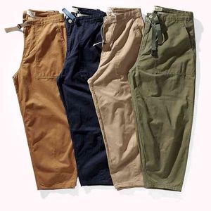Japanese-Style Retro cotton cargo pants mens - Fall 2021 Collection - Solid Color, Pocket Straight, Loose Fit, Wide-Legged - H1223