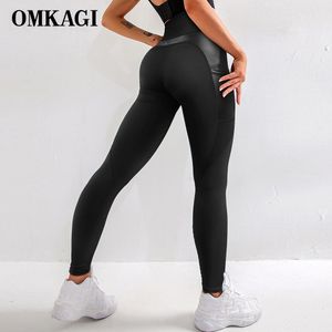 Omkagi cintura alta calças bolso leggings esporte push up fitness treino sexy elástico sem costura gym legging esporte femme yoga calças lj200814