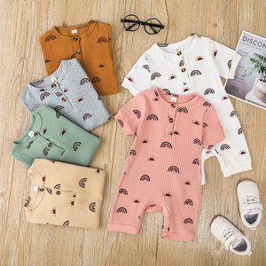 Summer Newborn Baby Ribbed Jumpsuits Short Sleeve Rainbow One Piece Bodysuit Kids Clothes Boys Infant Girls Romper M4057