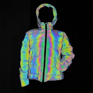 Bunter Regenbogen-reflektierender Winter-Daunenmantel für Damen, Windjacke, reflektierender Glow-Kapuzenparka, warmer gepolsterter Mantel für junge Männer