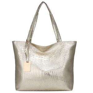 Kvinnor stor kapacitet handväskor mjuka pu läder krokodil väska damer casual shopping tyg axel väskor säck huvudsier guld