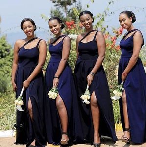 Blue African Navy Plus Size A Line Bridesmaid klänningar en axel hög sida delad bröllop Gästklänning Maid av hedersklänningar Vestidos