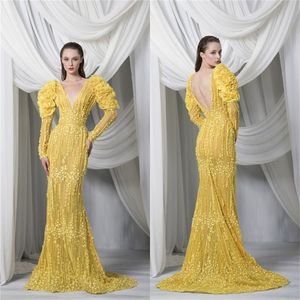 Luxury Evening Dresses Sexy V Neck Long Sleeves Chic Lace Ruffles Tulle Party Dresses Bead Applique Prom Dresses Custom Made Robe de soirée