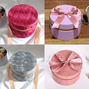 Round Velvet Flower Hat Box with Bowknot and Lid Luxury Gift Boxes Rose Bouquet Arrangement Gift Surprise Box Floristry DIY Y1202
