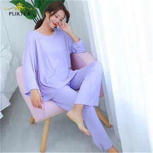 2 Piece Set Autumn Long Sleeve Casual Atoff Home Home Clothes for Women Loose Sleepwear Modal Pajamas Spring Ladies Homewear 201217