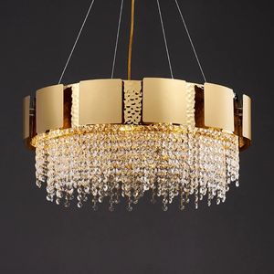 LED E14 Postmodern Golden Crystal Rostfritt Stål Hängande Lights.Pendant Light Suspension Armatur Lampen glans för foajé