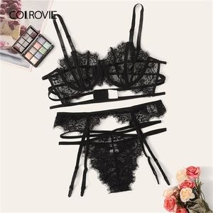 COLROVIE Çiçek Dantel Sheer Jartiyer İç Seti Kadınlar Siyah Intimates 2019 Seksi Çiçek Sütyen Ve Thongs Bayanlar Sütyen Seti LJ201211 ayarlar