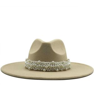 Fedora-Hut mit 9,5 cm Krempe für Herren und Damen, Imitation Wollfilzhüte, einfacher britischer Stil, Panamahüte mit super großer Krempe und Perlengürtel