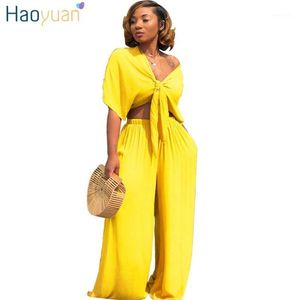 Haoyuan Sexy zweiteilig Set Frauen Kleidung V-Ausschnitt Fliege Krawatte Crop Top + Lose Wide Bein Hose Anzug Sommer Outfit 2 Stück Casual Tracksuit1