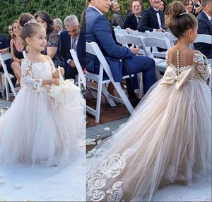 Lace Flower Girl Dresses For Wedding Full Sleeves Bow 2021 Kids First Holy Communion Birthday Party Gowns Little Girls Pageant Dress AL2021