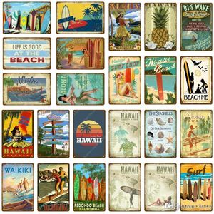 2021 Vintage Surf Shop Decor Aloha Hawaii Metallo Targhe in metallo Wall Art Pittura Piatto Mare Bar Pub Club Targa Waikiki Beach Poster 30X20cm