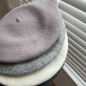 Lunadolphinの女性冬のウールのキノコのベレー帽の黒い灰色のビンテージアーティストキャップフラットペインタービーニー帽子甘い色暖かい色