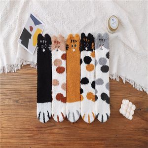 Women Fuzzy Socks Cartoon Cat Paw 3d Ear Embroidery Fluffy Stockings Winter Thick Lady Coral Fleece Sock Terry Cute 3 3cs G2