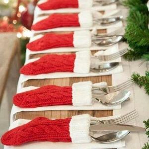Stickade julstrumpor kniv gaffelpåsar porslinhållare xmas middag bord ornament nyår fest dekoration jk2011ph