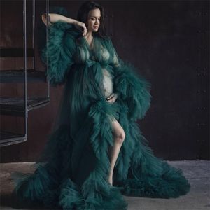 Grüne Rüschen Umstandsnachthemden Puffärmel Brautnachtwäsche für Fotoshooting Boudoir Dessous Bademantel Nachtwäsche Babydoll Nach Maß