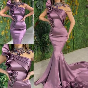 Fabulous Mermaid Beaded Prom Dresses High Neck Plus Size Crystals Evening Gowns Sweep Train Satin Formal Dress271I