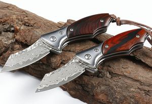 5,71 tums liten VG10 Damascus Stålblad Ballager Flipper Folding Kniv Rosewood + Stainless Steels arkhandtag med nylonväska