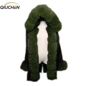 Qiuchen Gerçek Kürk Parka Gerçek Fox Kürk Hood ve Placket Uzun Modeli Kadınlar Siyah Ceket Rex Tavşan Kürk Astar Ile LJ201201