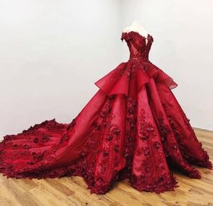 Luxurious Bury Dark Red Evening Dresses Wear Off Shoulder Crystal Beads Lace Appliques Flowers Peplum Hollow Back Chapel Train Prom Party Gowns 403