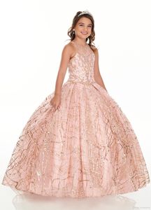 2020 Bling Gül Altın Mini Quinceanera Pageant Elbiseler Küçük Kızlar için Glitter Tül Jewel Rhinestones Boncuklu Parti Elbise Toddler Çiçekler