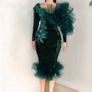 Hunter Green Mermaid Aftonklänningar Pärlor Ruffles Tulle Långärmad Sevins Kort Afrikansk Prom Party Dress Robe de Soirée