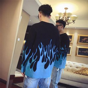 Autumn and winter lovers' blue flame Crew Neck Sweater men's women's Korean loose BF lazy T-shirt