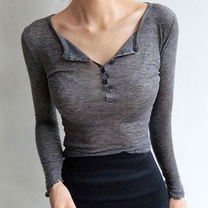 Mulheres manga comprida camiseta sexy 2020 botão casual t-shirt t-shirt mulher tops algodão coreano magro fit feminina tops outono novo