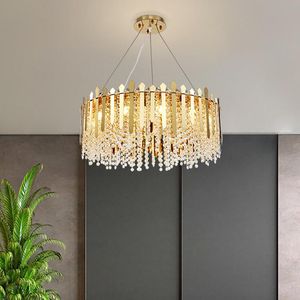 New stainless steel light luxury crystal chandelier living room dining room round pendant lights bedroom fishing line lamps