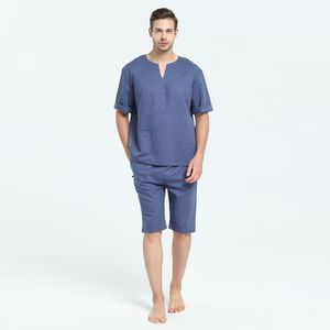 Mens natural algodão de linho de manga curta pijama conjunto com shorts dormir top sleepwear casa desgaste loungewear lj201112