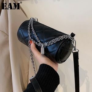 [EAM] Women New Metal Chains Barrel-shaped PU Leather Personality All-match Crossbody Shoulder Bag Fashion Tide 2021 18A0676