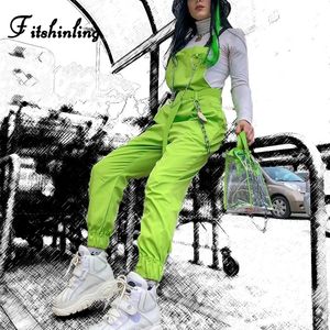 Fitshinling Fluorescenza neon verde tute donna estate catena cargo tutina moda sottile cotone fibbia lunga tuta femminile Y200904