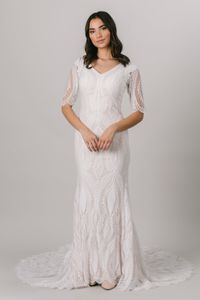 2021 Vintage Boho Lace Modest Bröllopsklänningar med halv 1/2 Ärmar V Neck Sheft Fit Bohemian Bridal Dress Sleeved Custom Made