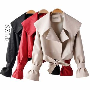 Red Vermelho Faux Casaco de Couro Mulheres Casaco Biker Manga Longa Casaco Curto Streetwear Pu Outwear Outwear Winter 201030