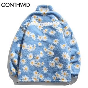 GONTHWID Cotton Padded Thick Parkas Jackets Streetwear Hip Hop Daisy Print Fleece Warm Full Zip Coats Fashion Harajuku Outwear 201204