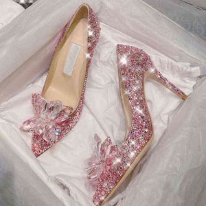 Elbise Ayakkabı Kristal Düğün Ayakkabı Prenses Fransız Yüksek Topuklu Nedime Elbise Gösterisi O gelin Kırmızı 220303
