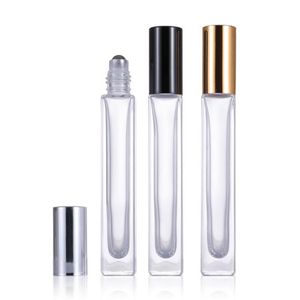 Roll-on-Glasflasche mit 10 ml ätherischem Öl und dickem Boden, Metallkugelrolle und schwarzgoldener Silberkappe