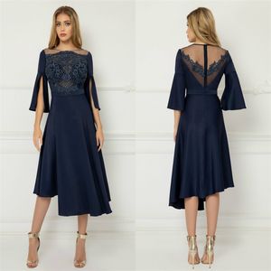 Navy Mother Dresses Elegant Long Sleeves Ruched Satin Formal Wedding Guest Gowns Luxury Appliqued Lace Custom Made Sweep Train Party Gowns