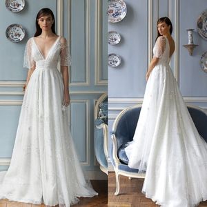 2021 Custom Made A Line Bröllopsklänningar V Neck Beading Appliqued Lace Pärlor Bröllopsklänning Bröllopklänningar Robes de Mariée