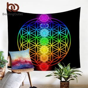 BeddingOutlet Hippie Chakra Appeso a parete Tema Zen Tappetino da spiaggia Arazzo da parete colorato Fiore della vita Tapisserie Fogli arcobaleno T200601