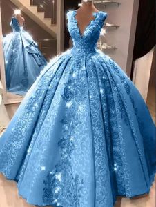 Blå bollklänning quinceanera klänningar v nackapplikationer spets prom party klänningar för flickor 15 år crost back171i