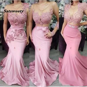 Blush Pink Lace Satin Long Mermaid Prom Dresses Long Sleeve Junior Party Gowns Maid of Honor Dresses With Bow aftonklänning