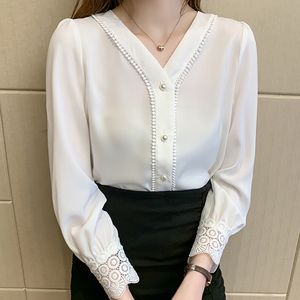 Biała bluzka V-Neck Koronki Koszula Kobiety Ubrania Z Długim Rękawem Przycisk Kobiety Koszule Jesień Kobiet Topy Koreański Moda Chemisier Femme