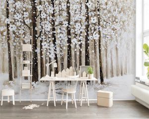 3D風景壁紙リビング3D壁紙ノルディック美しい雪景色森林花油絵風景3Dモダンな壁紙