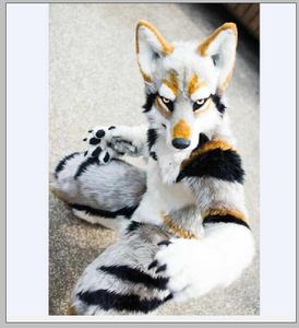 2022 Husky Dog Fox Mascot Long Fur Furry Costume Artificial fur Wolf Halloween Suit