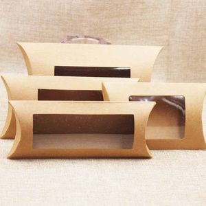 Kraft Gift Wrap Pillow Box with Clear PVC Window Black Brown White Pillows Shape Handmade Candy Soap Packaging Boxs 255 N2