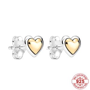 925 Sterling Silver Domed Golden Heart Stud EarringsFor Pandora För Kvinnor Födelsedag Mors daggåva Lyxig kärleksmycken