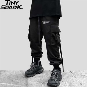Men Streetwear Hip Hop Black Cargo Pockets Harajuku Harem Swag Ribbon Joggers Pants HipHop Sweatpants Trousers 201218
