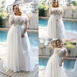 2022 Nya eleganta bröllopsklänningar Cap Sleeve Sheer V Neck Lace Tulle Floor Längd Design Bridal Gowns Vestido de Noiva Plus Storlek