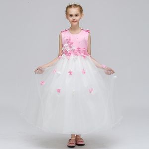 I lager lång rosa pärlstav flodflicka klänning för bröllop 3-12y pagant klänningar för tjejer Tulle Ball Gown Kids Bow Prom Crow