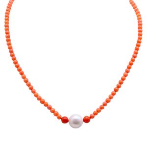 JYX High Quality 3.5-5mm Orange Coral Necklace with White Pearl Q0531